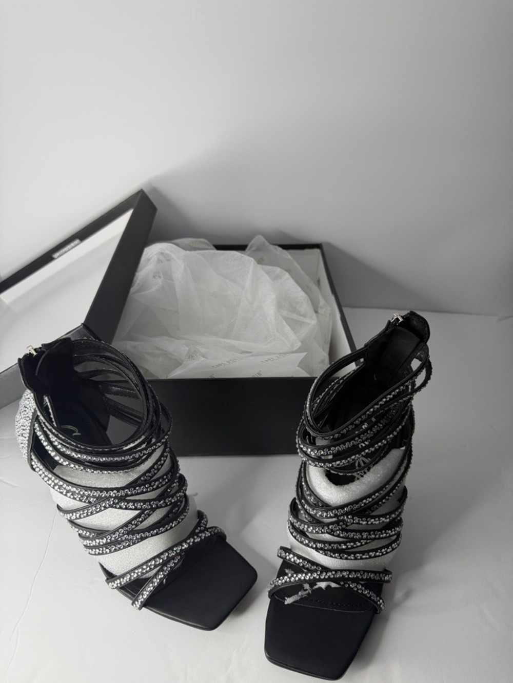 Black Strappy Embellished High-Heel Sandals - Women's